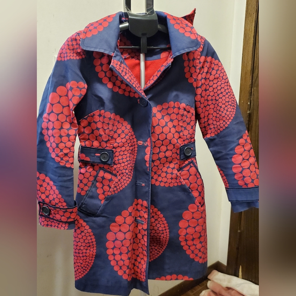 Boden Stylish Design Navy and Red Women's Hooded Raincoat Sz 4
